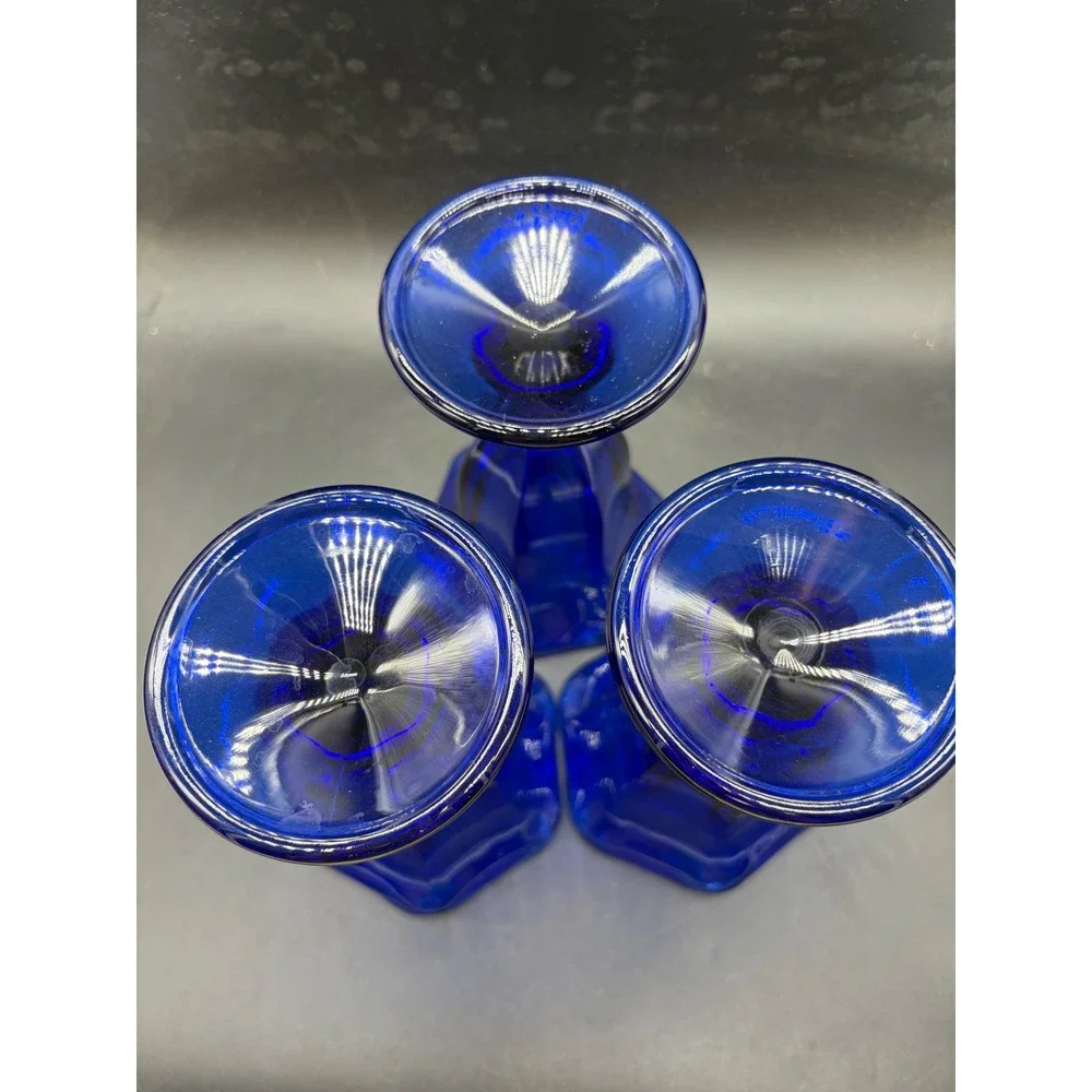 Vintage Cobalt Blue Glass Sundae Dishes Ruffled Rim Pedestal Set of 3